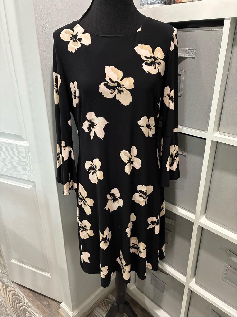 Tommy Hilfiger Black Midi Dress with Cream Floral Print